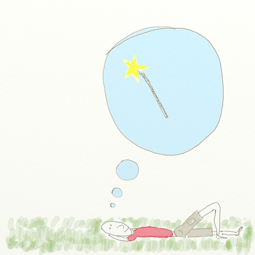 Ilustración: un personaje piensa tumbado sobre la hierba, y se le ocurre una idea, como por arte de magia