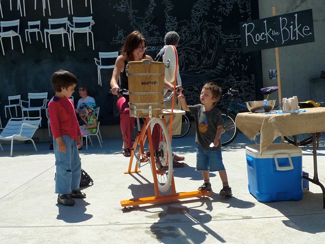 Kids try to figure out the mechanics of bike powered machine