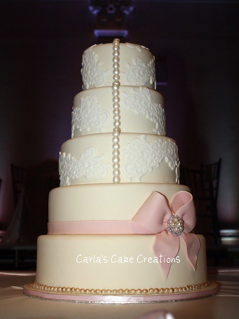 5 tier Lace impression wedding cake Love how it turned out