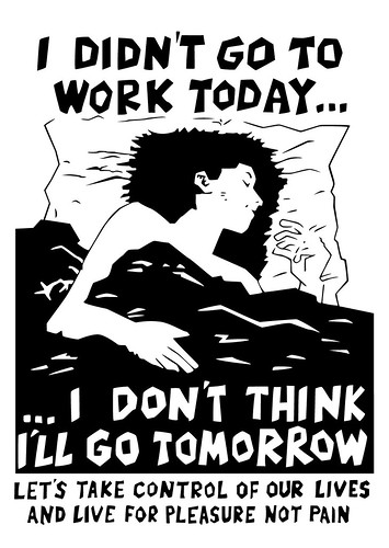 Ilustración: mujer en la cama. Texto: No fui a trabajar hoy. No creo que vaya mañana.