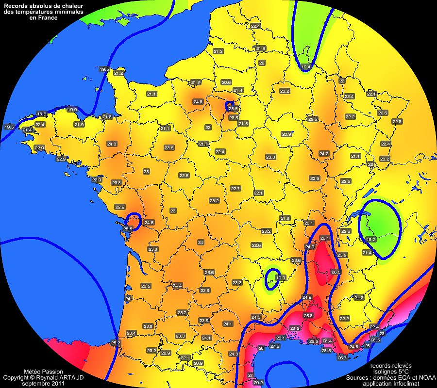 records absolus de douceur et de chaleur des températures minimales en France Reynald ARTAUD météopassion