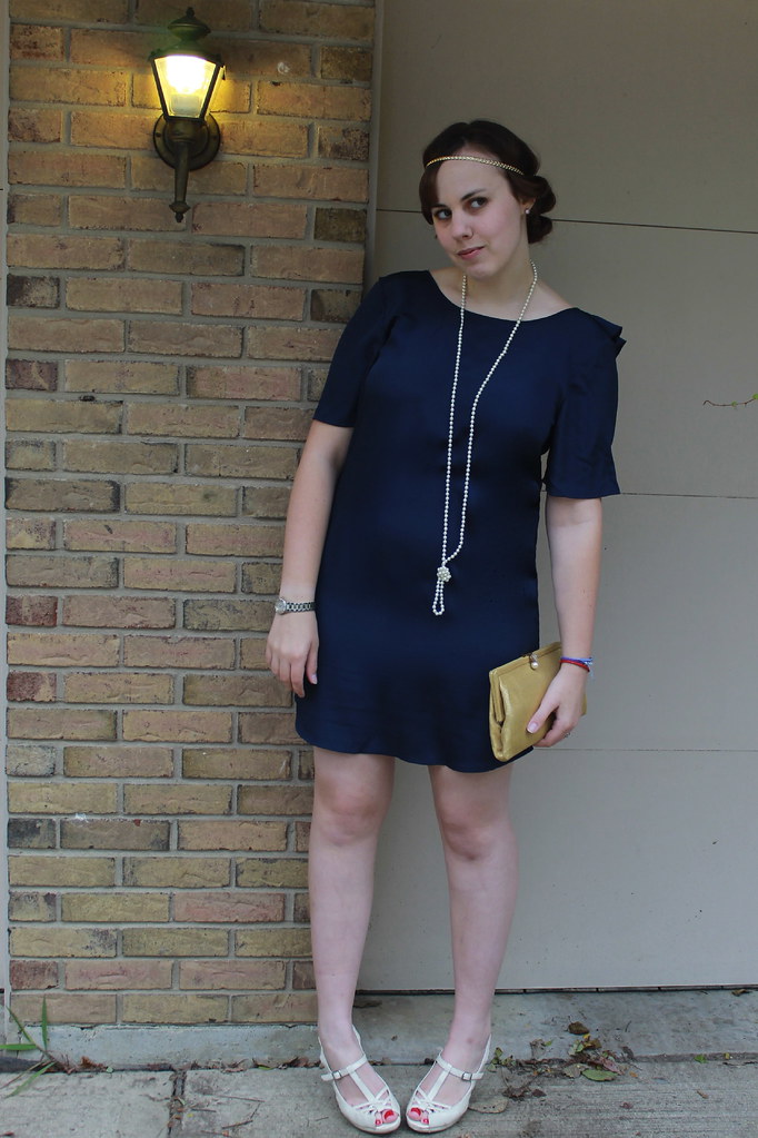 Outfit - Tucker for Target ruffled back dress, vintage gold clutch, Downton Abbey hair