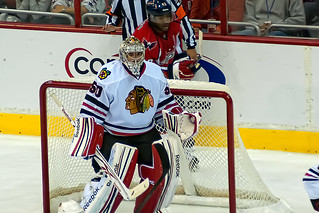 Corey Crawford has a 1.74 GAA and a .935 save percentage in the Stanley Cup Playoffs. (clydeorama/Creative Commons)