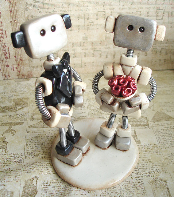 Robot Wedding Cake Topper Rustic Thin Square Style