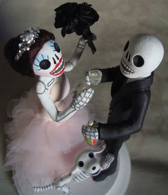 Day of the Dead wedding cake topper Skeleton bride in pink tulle dress 