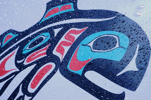 Rain on a painted salmon logo in Southeast coast Indian art style, or Northwest coast depends on West coast point of view, Seattle, Washington, USA by Wonderlane