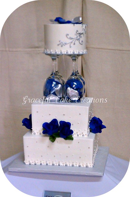 White Navy Blue and Silver Wedding Cake