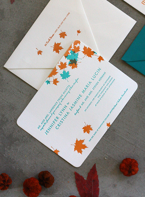 Teal and Orange Maple letterpress wedding invitations