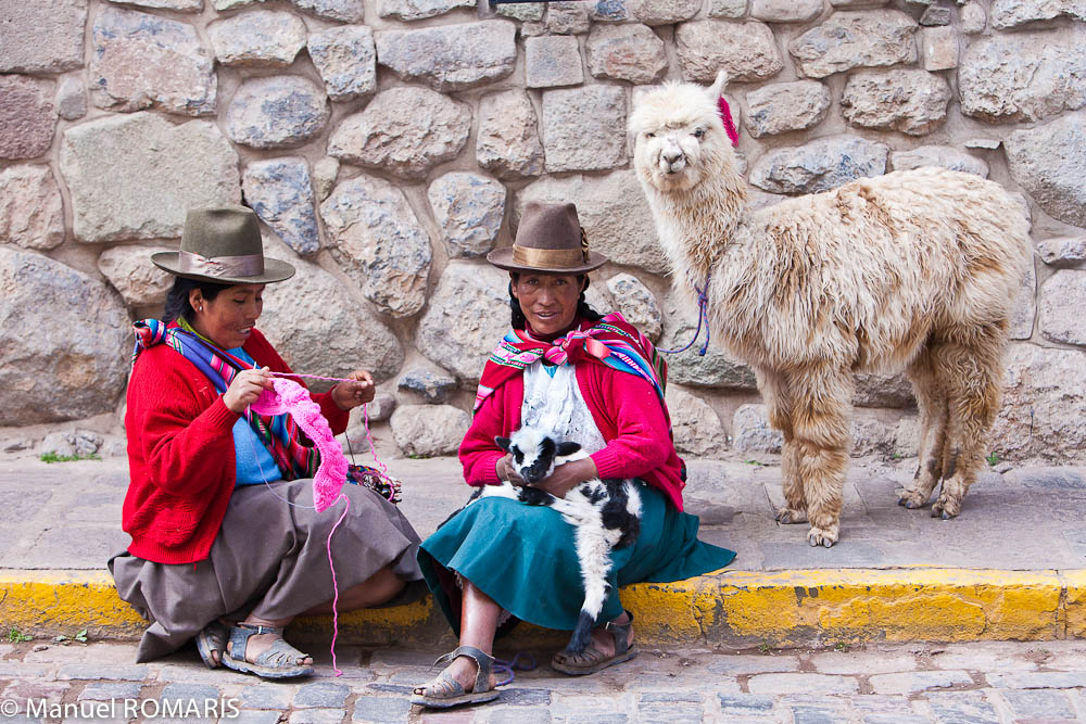 Cuzco, Peru, two women sitting on curb, alpacas