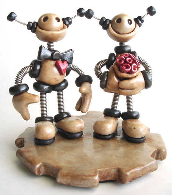Robot Wedding Cake Topper Custom Silver Black with a touch of Grungy