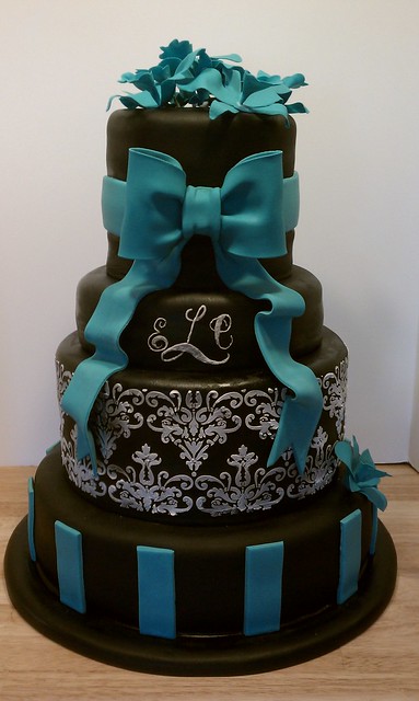 Black white and teal wedding cake