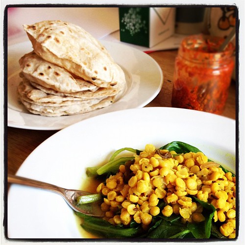 Very much a happy making lunch: @vegcs yellow pea dal and a big stack of fresh chapatti.