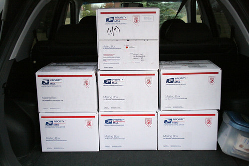 Seven boxes ready to be shipped out.