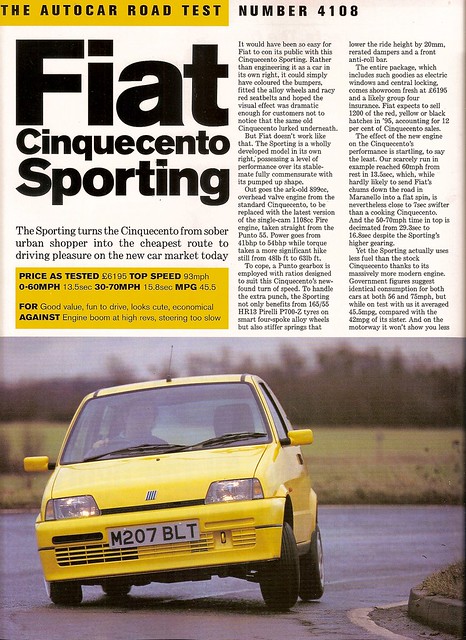 Fiat Cinquecento Sporting Road Test 1995 1 