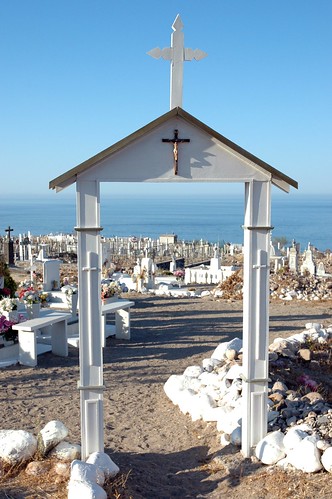 Cemetery gateway, crosses, white stones, cemetery, looking towards the Sea of Cortez, San Rosalia, Baja California Sur, Mexico by Wonderlane
