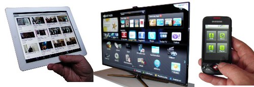 Kolme medialaitetta: iPad-tablet, Samsung Smart TV ja älypuhelin