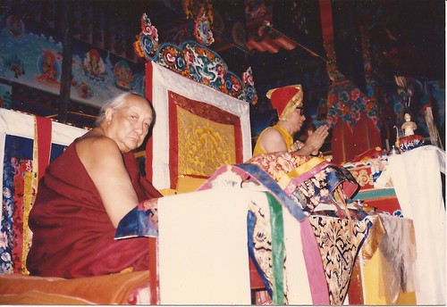 Dilgo Khyentse Rinpoche and Dagchen Sakya leading prayers from their thrones, murals, silks, nectar vase with peacock feathers, khatas by Wonderlane