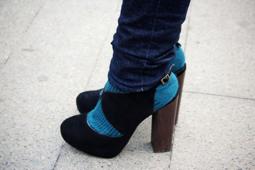 knitted sweater and block heels