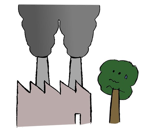 Ilustración: una fábrica con una enorme chimenea, contaminando
