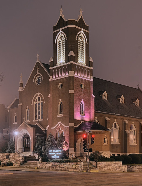 Saint Joseph Roman Catholic Church, in Clayton, Missouri, USA - exterior view at night