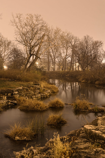 Forest Park, in Saint Louis, Missouri, USA - river at night in fog
