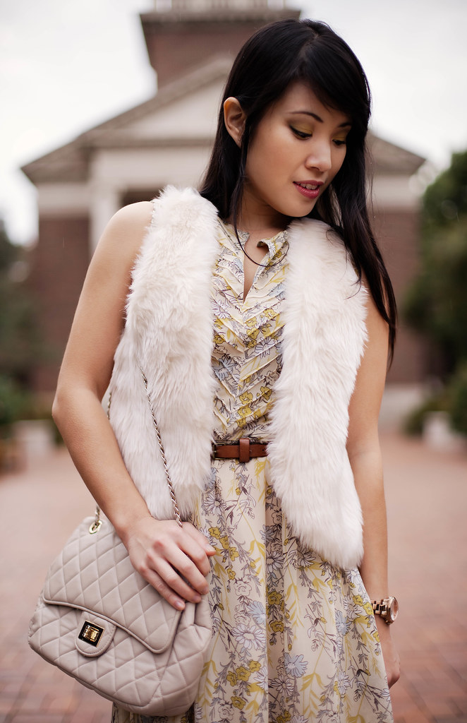 forever 21 sleeveless yellow dress, jcpenney olsenboye faux fur vest, yesstyle beige quilted flap purse, charlotte russe suede cuffed ankle boots, michael kors rose gold small runway watch mk5430, agaci brown skinny belt