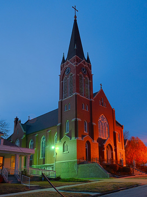Saint Mary Roman Catholic Church, in Glasgow, Missouri, USA - exterior at night
