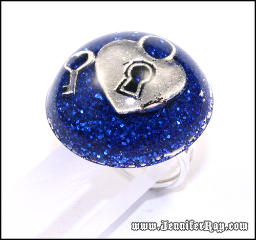 Heart Lock and Key Blue Glitter Resin Ring by JenniferRay.com