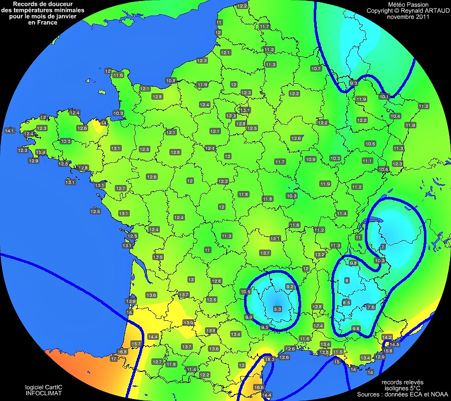 records mensuels de douceur ou chaleur des températures minimales pour le mois de janvier en France Reynald ARTAUD météopassion