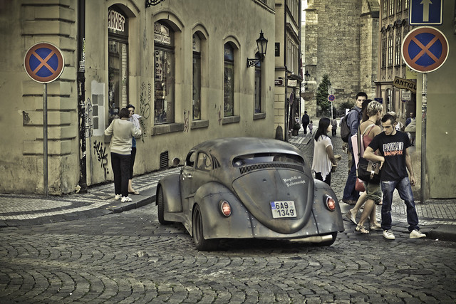 VW beetle custom lowrider Volkswagen in the old town of prague
