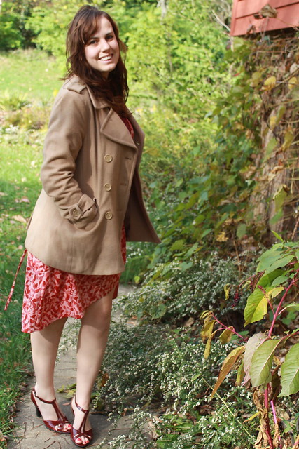 Outfit - vintage wrap dress, target t-strap shoes, camel coat