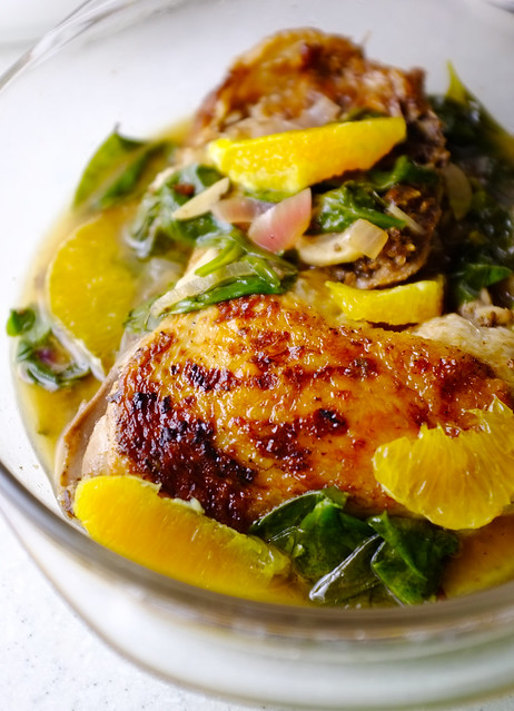 cane vinegar chicken with onions, oranges and spinach