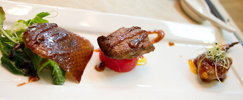 Peking duck, foie gras (with watermelon), crab claw