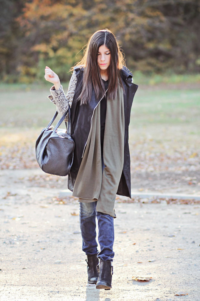 Topshop ambush ankle boots, J Brand skinny jeans, Snakeskin print trenchcoat, Alexander Wang Rocco duffel, Fashion outfit