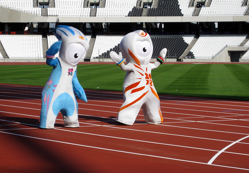 London 2012 mascots on new Olympic Stadium track