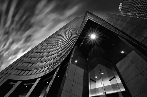 seattle city windows light bw black building tower glass clouds skyscraper washington downtown tall streaking columbiatower