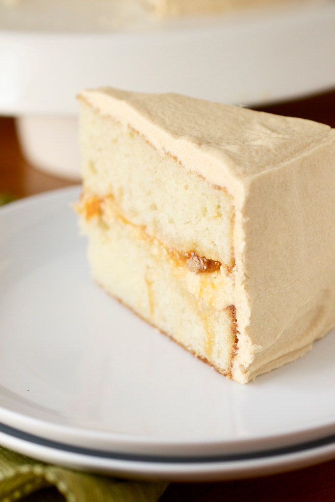 Peach Filled Cake with Dulce de Leche Buttercream Frosting