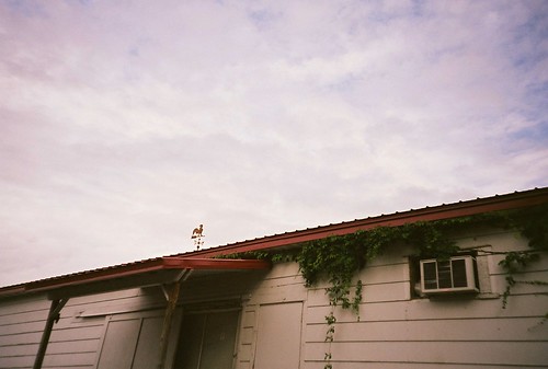 roof summer sky building film clouds analog 35mm july lomolca weathervane 2011 fujireala100 chippewafallswisconsin