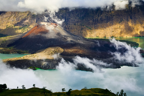 lake clouds trekking indonesia landscape volcano crater caldera lombok rinjani
