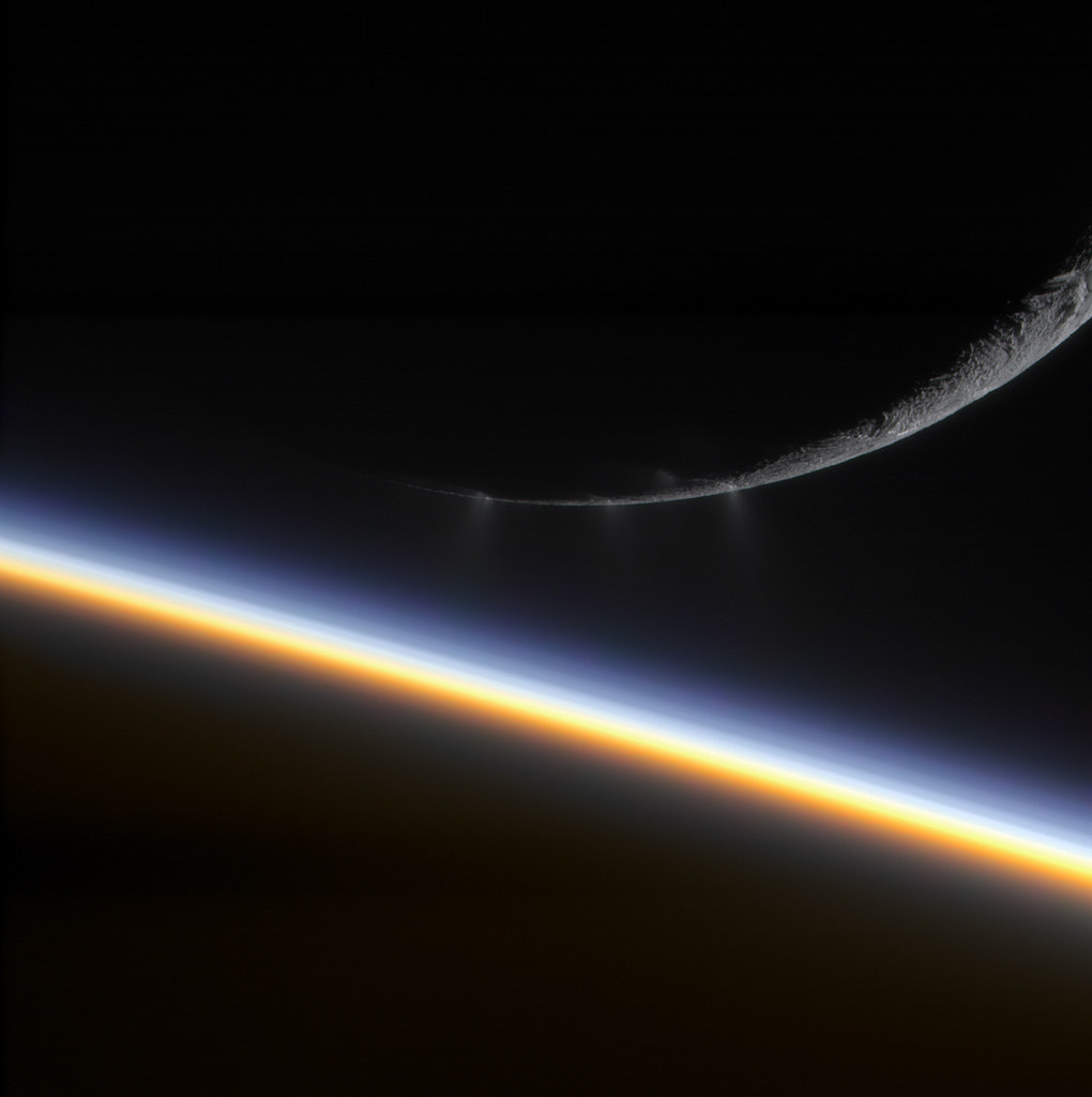 Enceladus and Saturn [colorized]