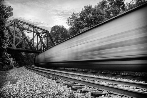 railroad bridge blackandwhite motion train evening tracks westernmaryland