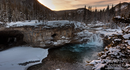 winter panorama snow canada mountains ice water waterfall image newyear photograph alberta flowing elbowfalls
