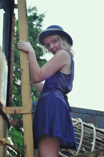 girl train ladder bluedress bluehat girld90goldenhoursunset