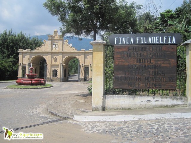 entrance to finca filadelfia in antigua, guatemala