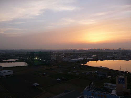 pink sunset sky reflection pool field japan golf hotel evening view dusk cage agriculture hineno