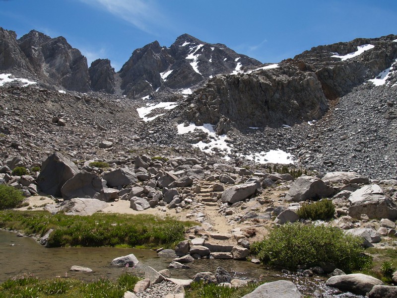 Bishop Pass Trail headwall switchbacks in the upper right, Mt. Agassiz center