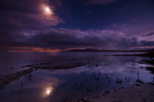sunset moon reflection water clouds antelopeisland greatsaltlake citylights nikond90