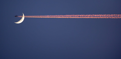 blue sunset sky moon white plane catchycolors contrail dusk aircraft jet crescent negativespace blueandwhite alanmackenzie