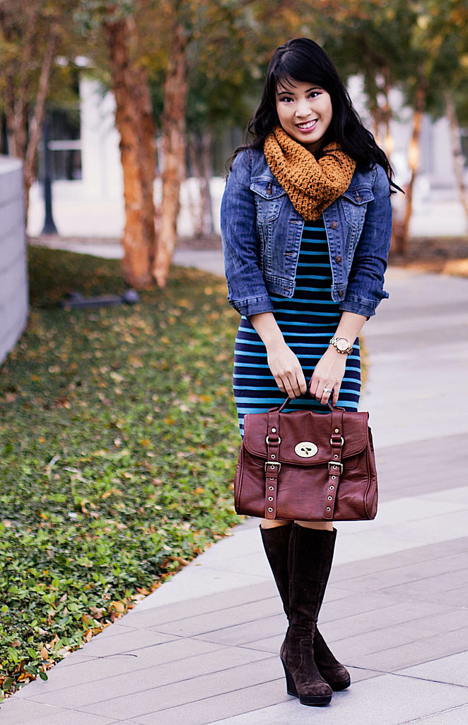 forever 21 cropped denim jacket, forever 21 striped sweater dress, michael kors rose gold small runway watch mk5430, tjmaxx vieta lucille buckle satchel, bakers brown suede wedge boots