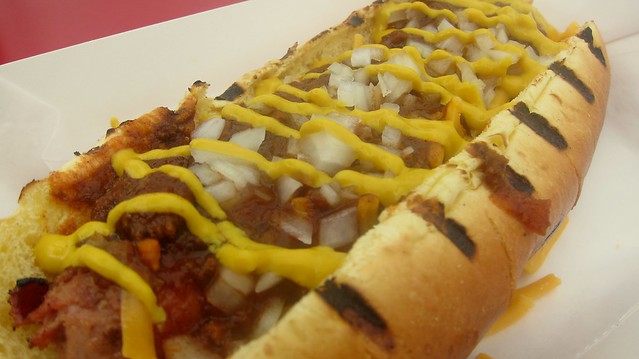 housemade chili on a wienerz hot dog at ringside